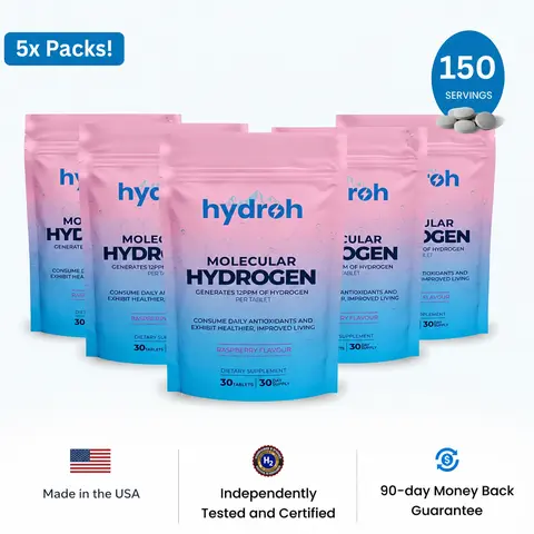 HYDROH Molecular Hydrogen Tablets, Raspberry Flavor, Effervescent Hydrogen Water Tablets with Magnesium, Mineral Supplement, 5 Pack, 150 Tablets