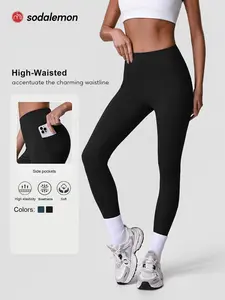 Sodalemon Women's Solid Color Sporty Skinny Pants, Versatile High Waist Workout Long Trousers with Pockets, Ideal for Fitness Running Cycling Daily Wear