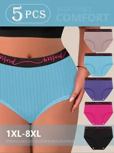 Women's Plus Size Panties Set, Comfortable Mid-Waist Design, Letter Belt & Vertical Stripes, Soft Fabric, Ideal for Daily Wear