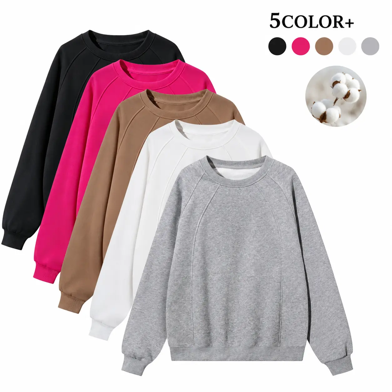 Men’s cotton crewneck sweatshirt with raglan sleeves and a curved split design; loose pullover top made from soft long-sleeve basic fabric for everyday wear. Available as a single piece or three-pack, multiple colors available.
