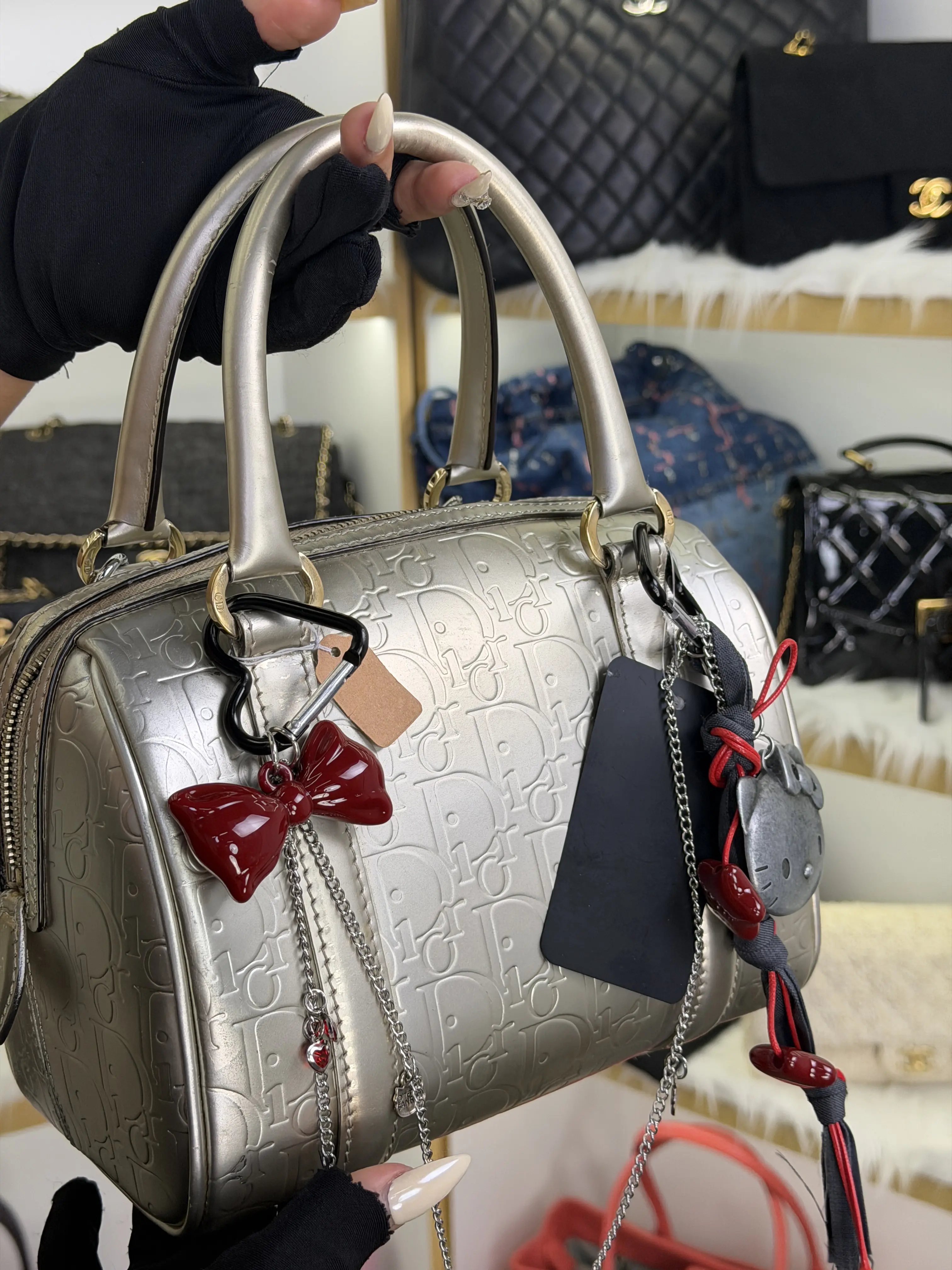 Pre-owned Dior CHRISTIAN Silver Leather Logo Small Boston Bag