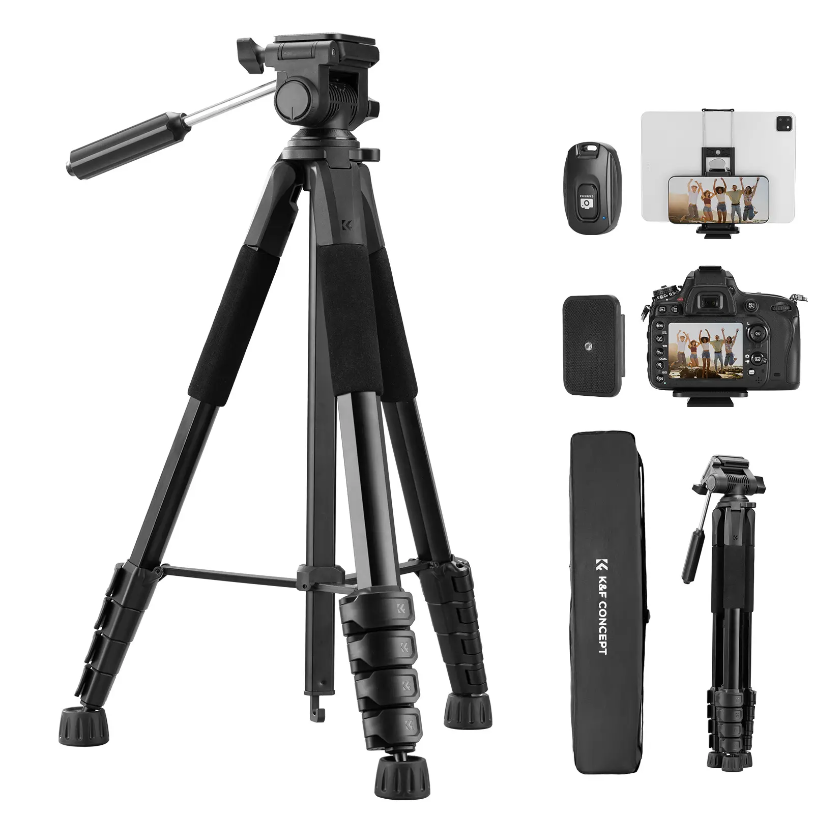 【DealsForYouDays】K&F Concept 75" Lightweight Portable Remote Control Tripod for DSLR Cameras, Smartphones - Bluetooth Sync Vlogging Kit with Cellphone Clip, Black Desk Mount for Content Creators