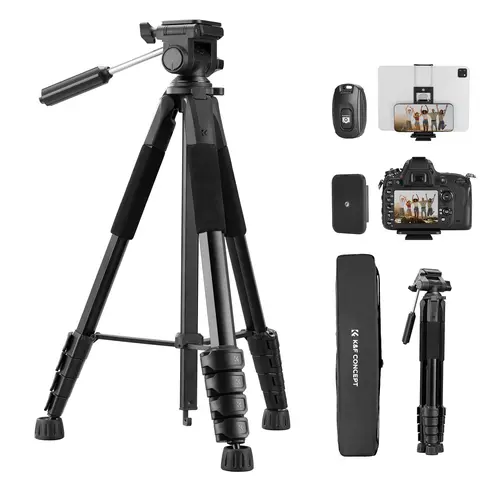 K&F Concept 75" Lightweight Portable Remote Control Tripod for DSLR Cameras, Smartphones - Bluetooth Sync Vlogging Kit with Cellphone Clip, Black Desk Mount for Content Creators, Tripod Head, Contentcreator