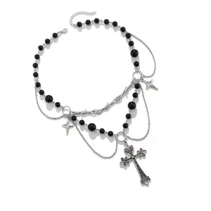 Punk Style Crosses Pendant Necklace Adjustable Bowknot with Pearls Details for Trendsetters