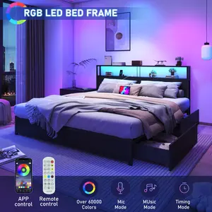 Bed Frame with Storage Drawers - Led Lights and Charging Station Metal Bed Frame with Headboard, No Box Spring Platform Bed Frame Wood, Bedroom Furniture