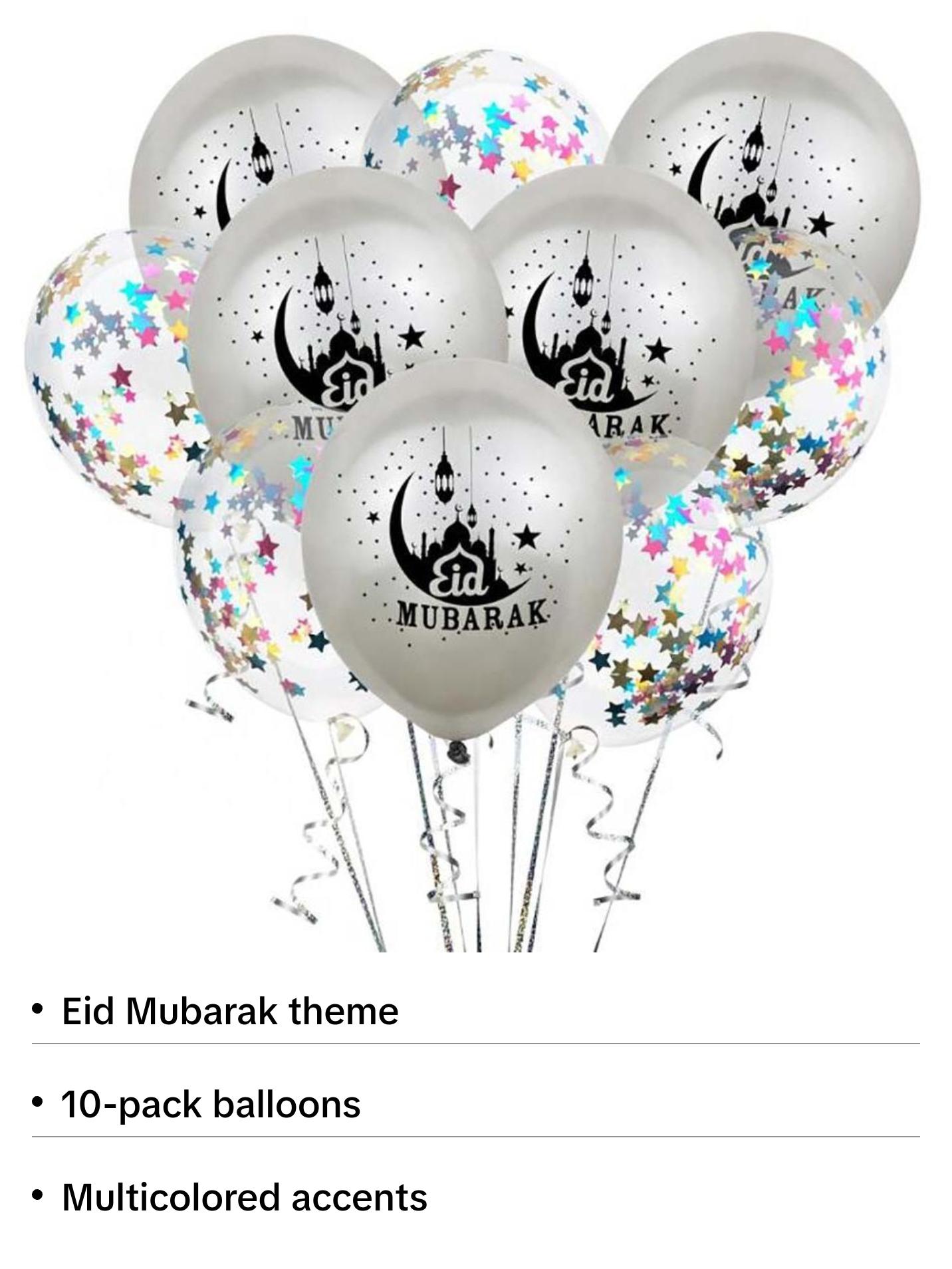 Islamic Holiday Decor | Eid Mubarak Balloons | 10 Pack - Silver & Multicolored