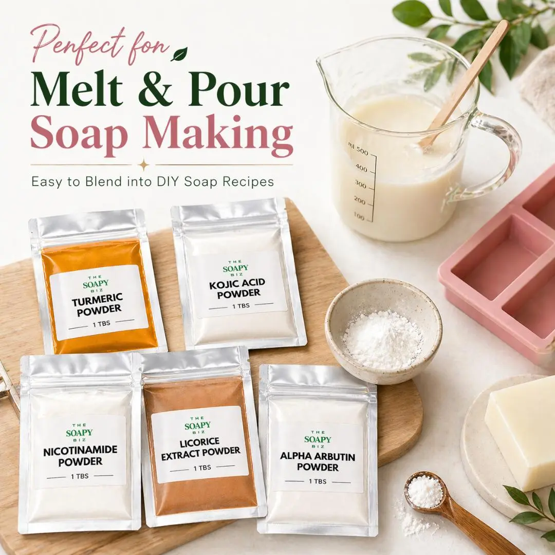 5PCS DIY Soap Making Powder Set for Melt & Pour Soap | Turmeric, Kojic Acid, Nicotinamide, Licorice Extract & Alpha Arbutin Powders | Handmade Soap Additives | 1 TBS Each