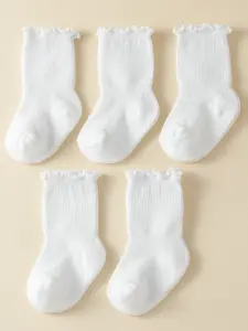 5 Pairs All-Season Cute Sweet Baby Wooden Cuff Mid-Calf Socks, Multi-Color, Comfortable and Stylish, Perfect for Babies, Soft Comfy Socks