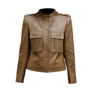 Women's Leather Jacket Sheepskin Stand Collar Korean Fashion Luxury Slim Fit Outwear Leather Jacket ll Brown by Hide Crafts