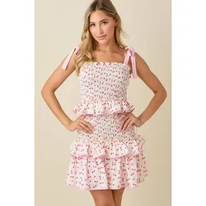 Floral printed tie shoulder ruffled smocked mini dress: WHITE/PINK