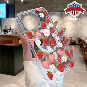 Strawberry Daisy Pattern Magnetic Phone Case Supports Wireless Charging for iPhone 15 16 14 Pro Max 13 12 11 XR XS Plus E Shockproof Non Slip Protection Silicone Transparent Acrylic Large Hole Cover Cellphone Protective