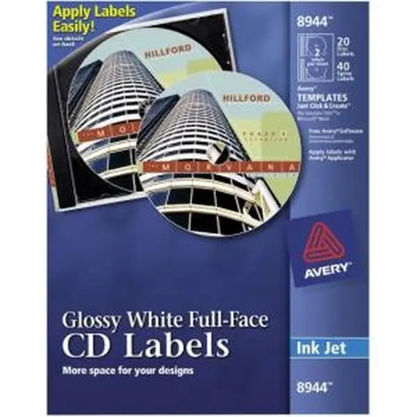 Avery Inkjet Full-Face CD Labels - Glossy White, 100% CD Coverage, Easy-to-Hold Tabs, Perfect Centering, 20 Labels per Pack, Label Printing, Covers 100% Of The Cd