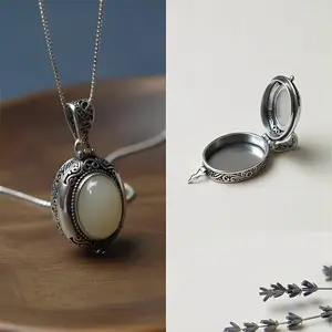 Fashionable Openable Exquisite White Jade Gawu Box Necklace Copper Mirror Box Sachet Pendant Women's Casual Jewelry Girls Gift Green Imperial Jade