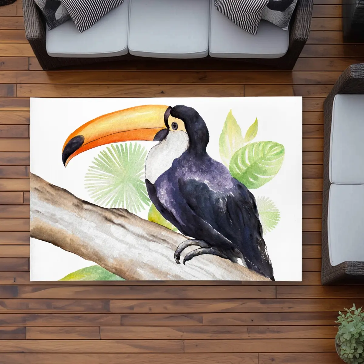 360 Stand 4x6 ft Rectangle Weatherproof Indoor/Outdoor Home Decor Rug, Exotic Wildlife Art Design with Perched Toucan Printed Face Area, Home Decor Rugs, Animal Print Rug