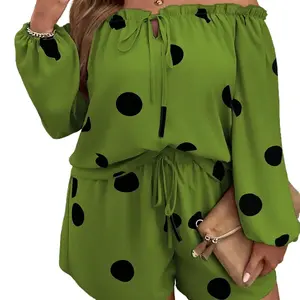Women’s 2-Piece Polka Dot Clothing Set - Off-Shoulder Top, Adjustable Drawstring Shorts, Lightweight Fit Fabric - Feminine Women's Clothes for Summer Day Vacations, Beach Wear