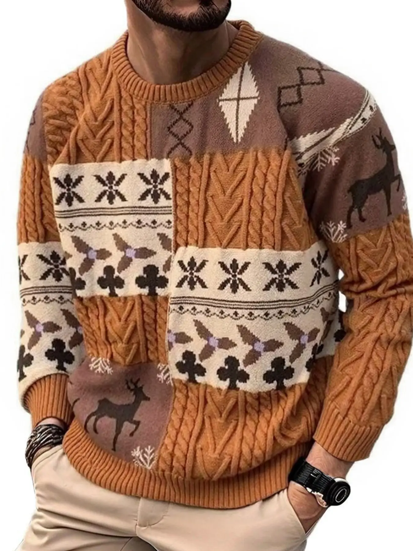 Men's Winter New Colorblock Deer Sweater, Trendy Casual Long Sleeve Round Neck Knitwear, Fashionable Patchwork Pullover for Men