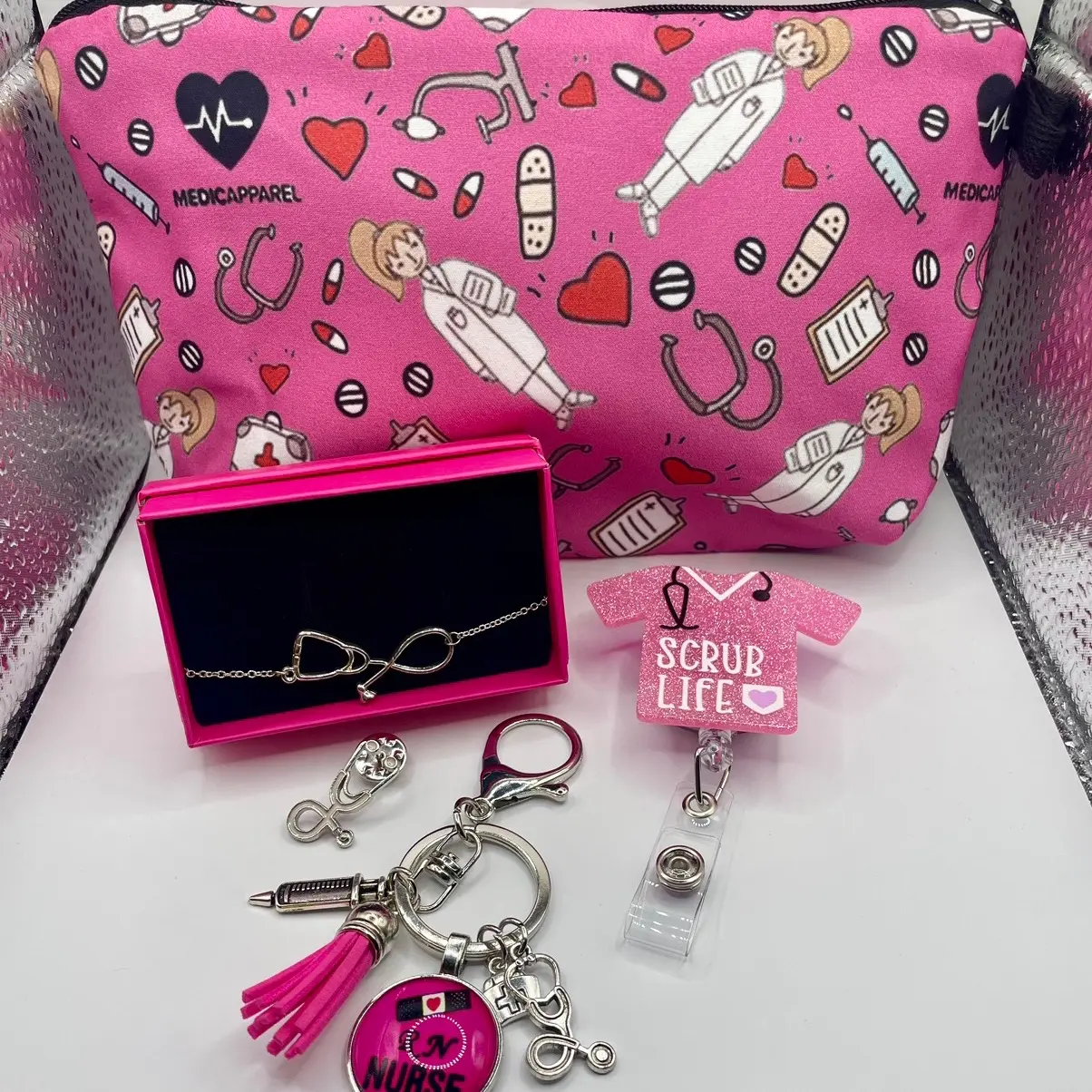 Pink Nurse Jewelry Set - 5 Piece Gift Collection with Pink Tassel Keychain, Scrub Life ID Badge, Silver Bracelet & Pink Stethoscope Brooch Pin