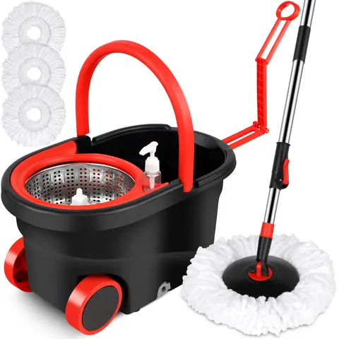 Stainless Spin Mop System Kit, Multi-Function Household Items Set with 38-61in Telescopic Handle, Silent Wheels, 3 Microfiber-Polyester Heads