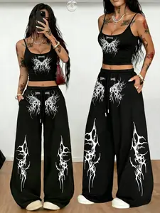 Summer New Dark Punk Style Set, Butterfly Print Halter Top + Wide Leg Sweatpants Two-Piece, Casual Loose-Fitting Suit
