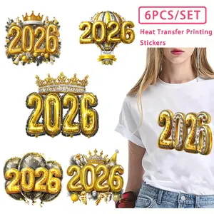 6PCS,2D 6PCS 2026 New Year Heat Transfer Stickers Set Gold Number Crown Balloon PatternSpring Festival Party Decorations for T-shirts Hoodies DIY Scrapbooking Greeting Cards Iron-on Transfer Vinyl Mat