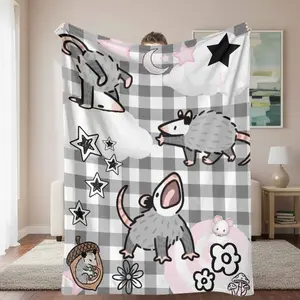 Cute Opossum Flannel Blanket - Colorful Animal Artwork Blanket with Whimsical Celestial & Woodland Print, Ultra-Soft Cozy Plush, Ideal for Home Decor, Dorm Room Essentials, Gifts for Animal Lovers, Colorful Animal Blankets, Animal Artwork Blankets