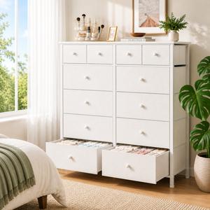 [Dealsforyoudays】Raybee 12 White Tall Drawer Dresser for Bedroom,  Large Capacity Chest of Drawer Organizer Storage Cabinet with Metal Frame & Wood Top, Modern Fabric Storage Organizer for Closet Living Room, Entryway, Clothes, Dorm Room, Apartment