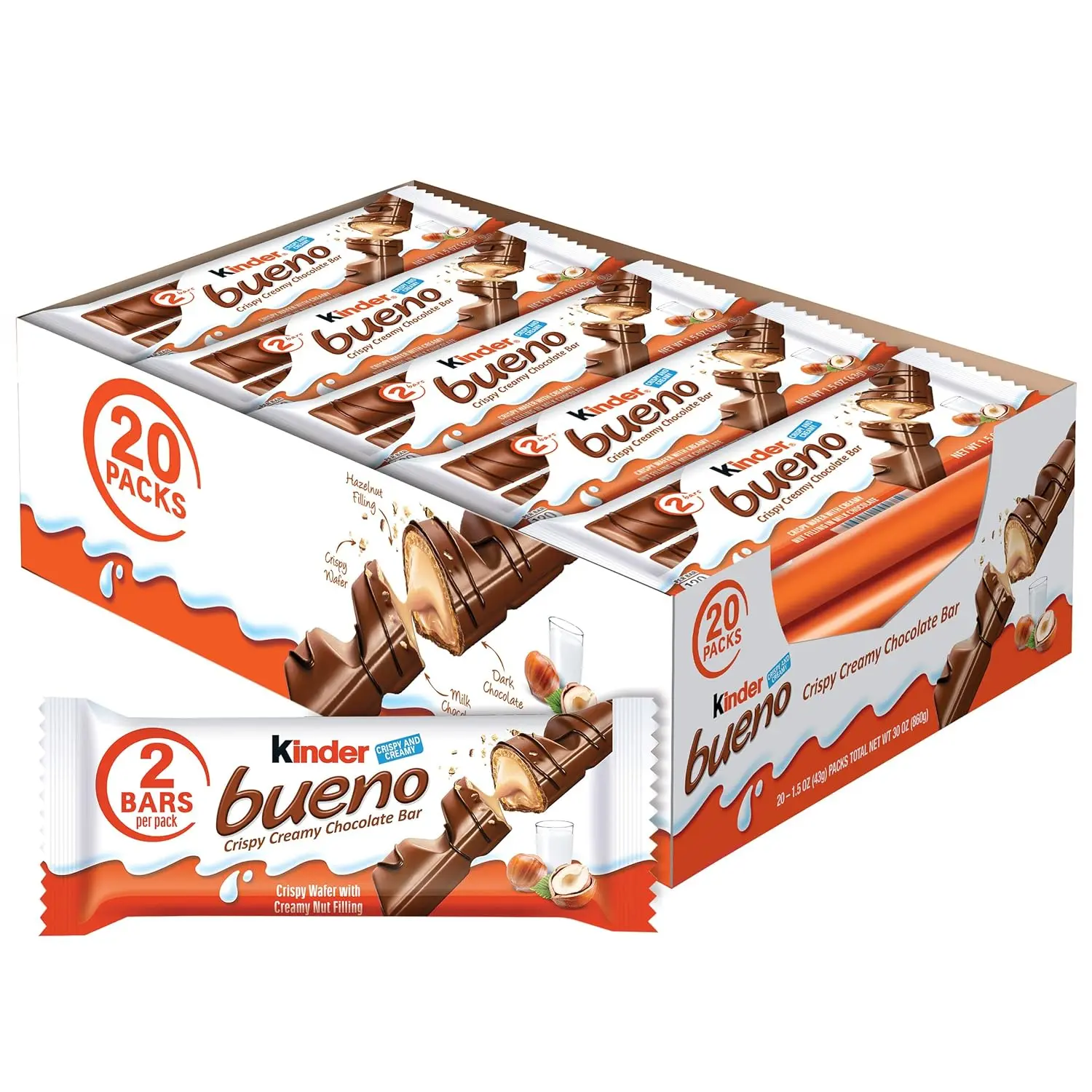 Kinder Bueno Milk Chocolate Bars with Hazelnut Cream, Bulk 20 Pack, Chocolate Candy Bars for Game Day, Football Party Supplies, Snacks for Adults, 4 Per Pack
