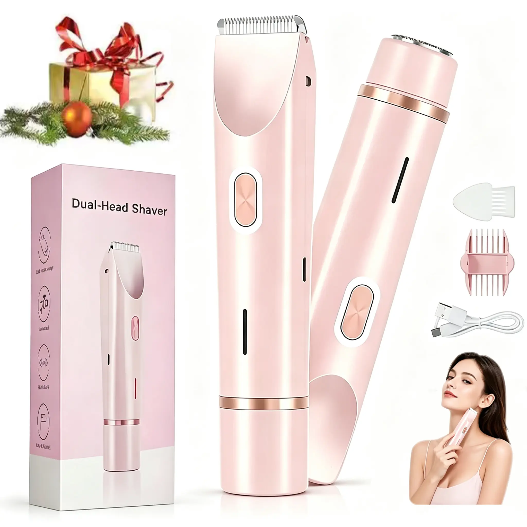 Bikini Trimmer and Shaver Kit for Women - 2-in-1 Wet/Dry Electric Body Hair Trimmer Facial Hair Removal Cordless Waterproof Bikini Shaver Razor for Face Lip Chin Underarm Legs,Ideal Gift for Women, Birthday Holiday Summer Present