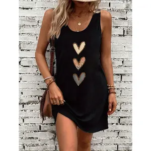 [Playful Print Dress] Lightweight Polyester Women's Casual Heart Print Sleeveless Dress | Black with Golden Hearts, Round Neck, Short Sleeve, Perfect for Spring/Summer, Relaxed Fit, Casual Attire, Playful Print
