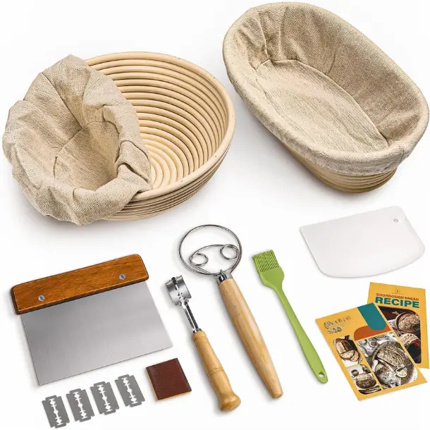 Sourdough Bread Banneton Proofing Basket Set, 9in Round & 10in Oval Cane Baskets (Sourdough Friendly Bakeware Utensils) Includes Accessories: Dough Whisk, Lame, Dough Scraper, Bowl Scraper, Silicone Brush