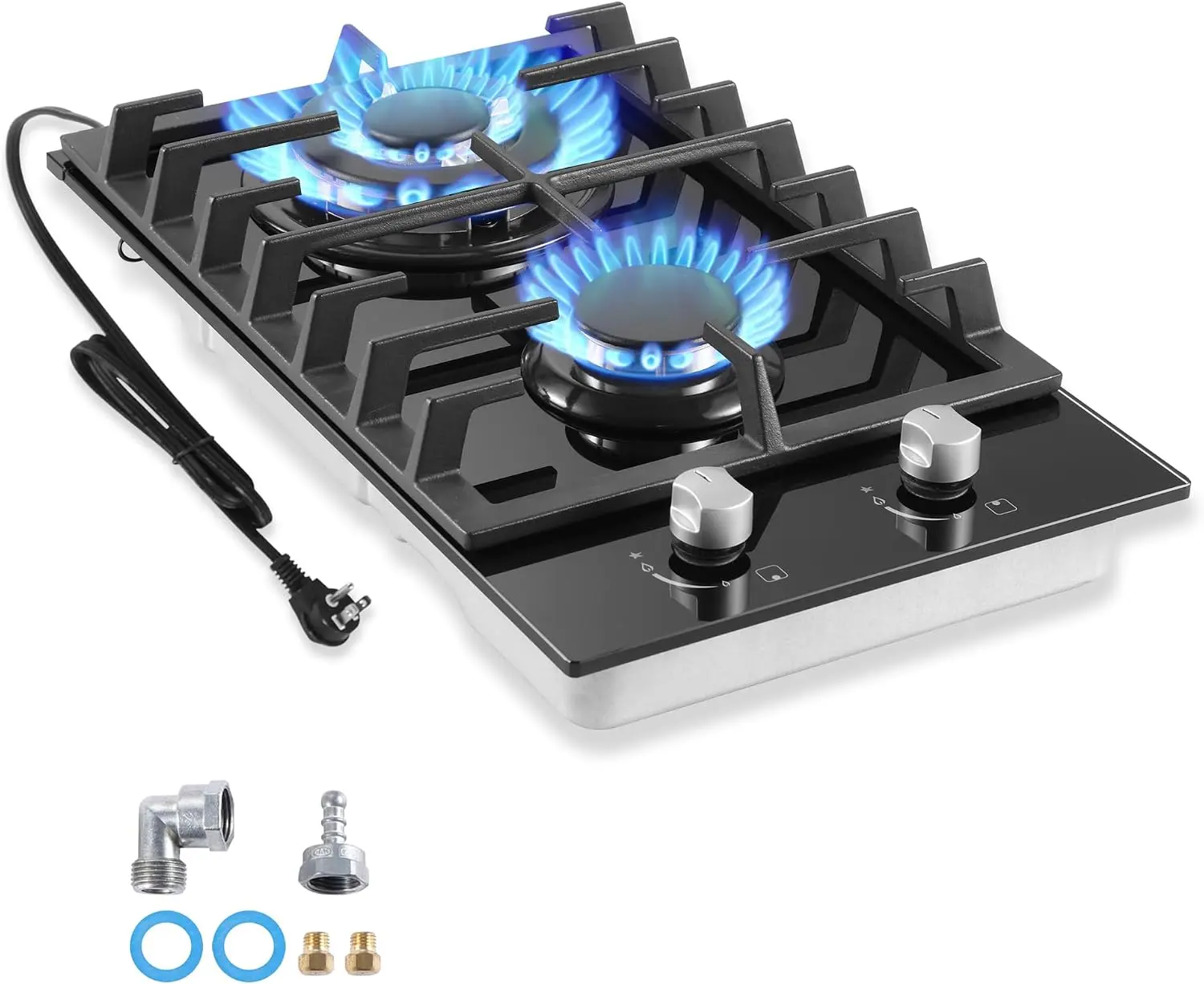 12-Inch 2-Burner Dual Fuel (LPG/NG) Built-in Tempered Glass Gas Cooktop with Thermocouple Safety Shut-Off for RV Users, Apartment Indoor Use