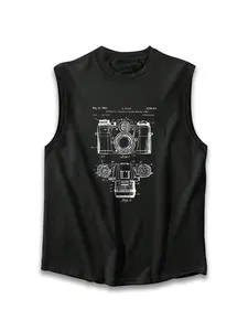 Black 'Retro Vintage Camera Patent' Graphic Pattern Tank Top, Workout Tank Tops - photography, 1962 blueprint print, photographers, retro fans, and casual outdoor activities, S-XXL, # CameraPatentTank