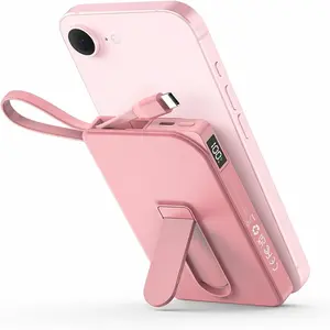 for Battery Pack, Magnetic Power Bank with Stand, 10000mAh Wireless Portable Charger Fast Charging with Built in Cable(USB C), Powerbank for iPhone17/16/15/14/13/12 Travel & Daily, Pink