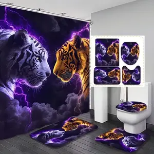 1/4pcs Tiger Duel Pattern Bathroom Decor Set, Bathroom Decoration Accessories, including shower curtain, toilet seat cover, rectangular bathroom mat, and U-shaped mat, includes 12 shower curtain hooks