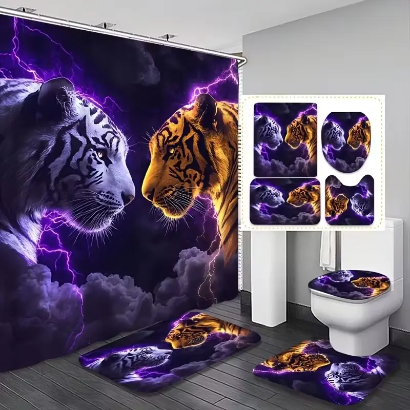 1/4pcs Tiger Duel Pattern Bathroom Decor Set, Bathroom Decoration Accessories, Bathroom Accessory, Restroom Bathroom Accessories, including shower curtain, toilet seat cover, rectangular bathroom mat, and U-shaped mat, includes 12 shower curtain hooks