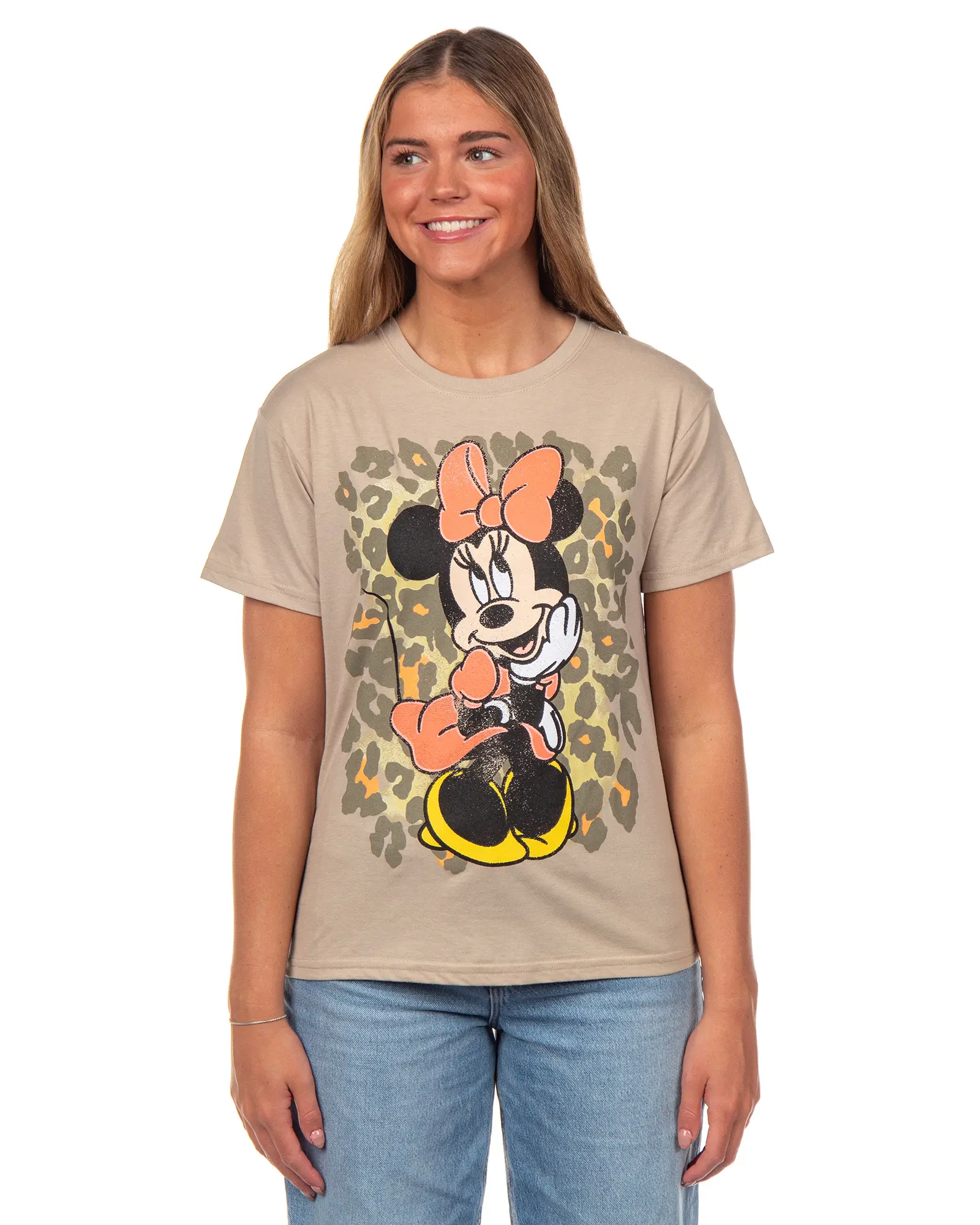 Disney Women's Minnie Mouse Distressed Classic Pose Leopard Background Junior's Short Sleeve T-Shirt