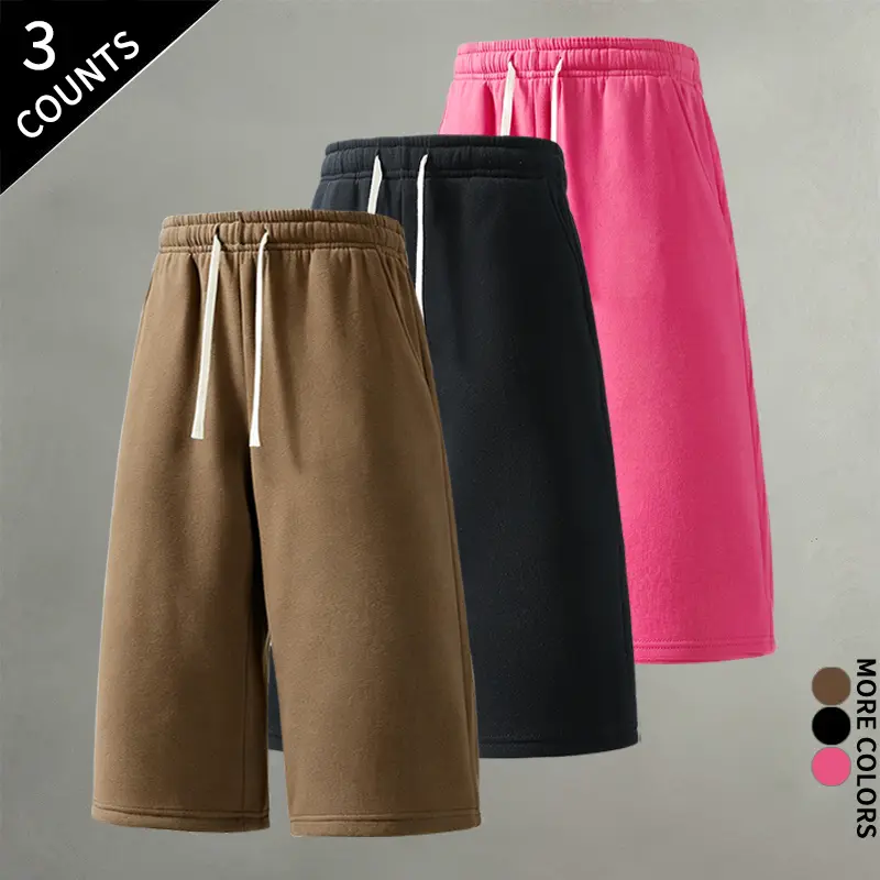 3-pack ultra-soft knee-length athletic shorts; unisex drawstring fashion lounge shorts; breathable casual Bermuda shorts suitable for home, gym, and outdoor activities.