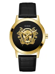 GUESS Male Gold-Tone and Black Analog Leather Watch
