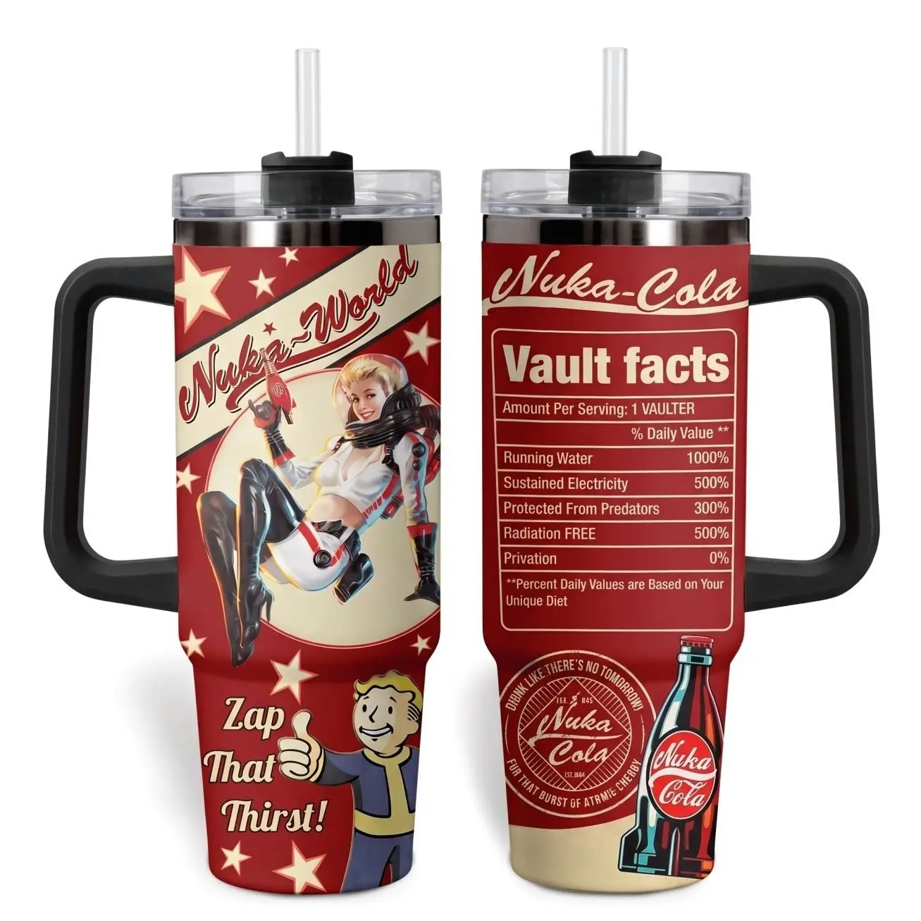 Fallout Nuka Cola Vacuum Insulated Tumbler with Lid and Straw - Stainless Steel Travel Coffee Mug Double Wall Hot & Cold Drink Cup Leakproof Portable