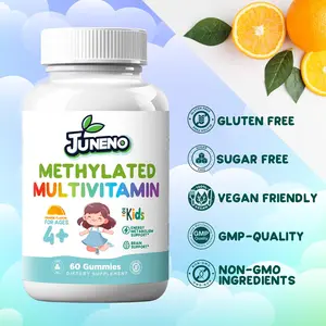 Juneno Methylated Multivitamin Gummies for Kids Ages 4+ - Vegan Gluten-Free B Complex 5-MTHF Folate L-Methylfolate B1 B3 B6 Methylcobalamin B12 Biotin Vitamins A C D3 E - 60 Gummies