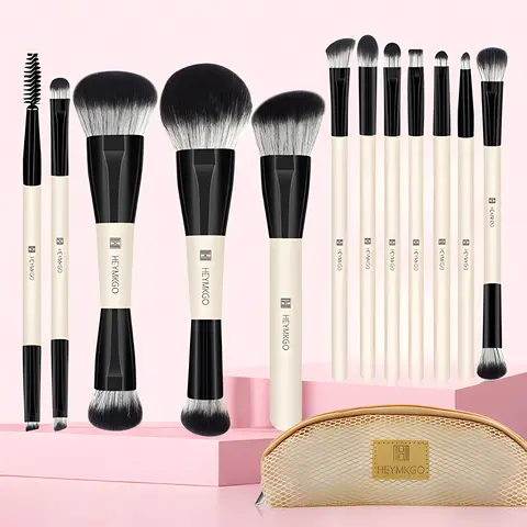 HEYMKGO 12PCS Multifunctional Dual-ended Makeup Brushes Set - Black Mini Travel Kit with Bag, Flat Foundation Brushes, Contour & Eyeshadow Tools for MUAs, Ideal Mother’s Gift, Blending Brush Foundation, Multifunctional Makeup Brushes