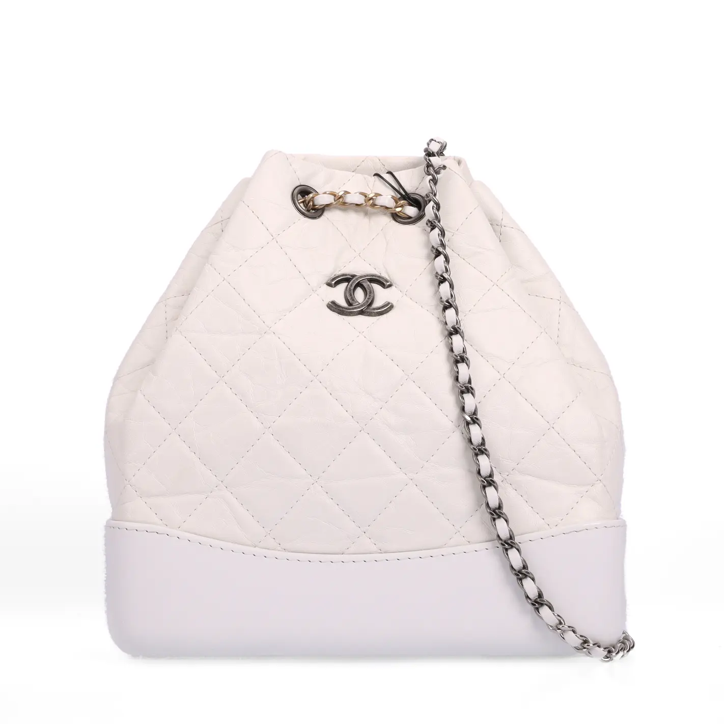 Pre-owned CHANEL Calfskin Backpacks 100% Authentic Gabrielle Quilted Chain Backpack, White, 9.5 in, Style 55782764 kh
