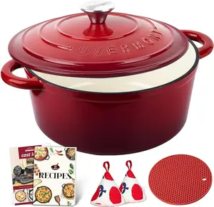 Overmont Enameled Cast Iron Dutch Oven - 5.5QT Pot with Lid Cookbook & Cotton Potholders - Heavy-Duty Cookware for Braising, Stews, Roasting, Bread Baking red