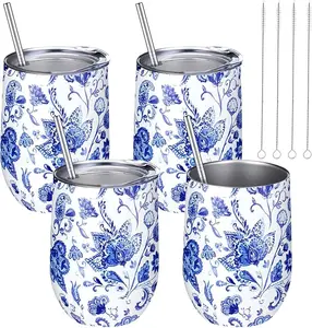 4PK - 12 Oz Insulated Tumbler with Lid Double Wall Vacuum Stainless Steel， Blue and White Porcelain, Chinese Style