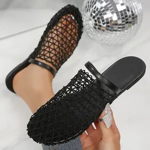 Women's Fashion Mesh Mules with Rhinestones Open Toe Backless Flat Sandals Indoor Outdoor Shoes for Daily Wear
