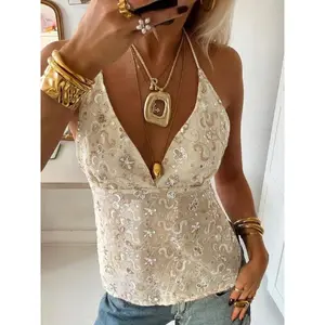 Floral Print Halter Top, Sequined Chiffon Fabric Design, Backless Sexy V Neck Camisole  Summer Crop Top, Perfect for Beach VacationGift