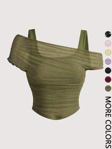 Valentine's Day Women's Asymmetric Neckline Ruched Crop Top - Trendy Mesh Blouse for Club, Date Night & Vacation