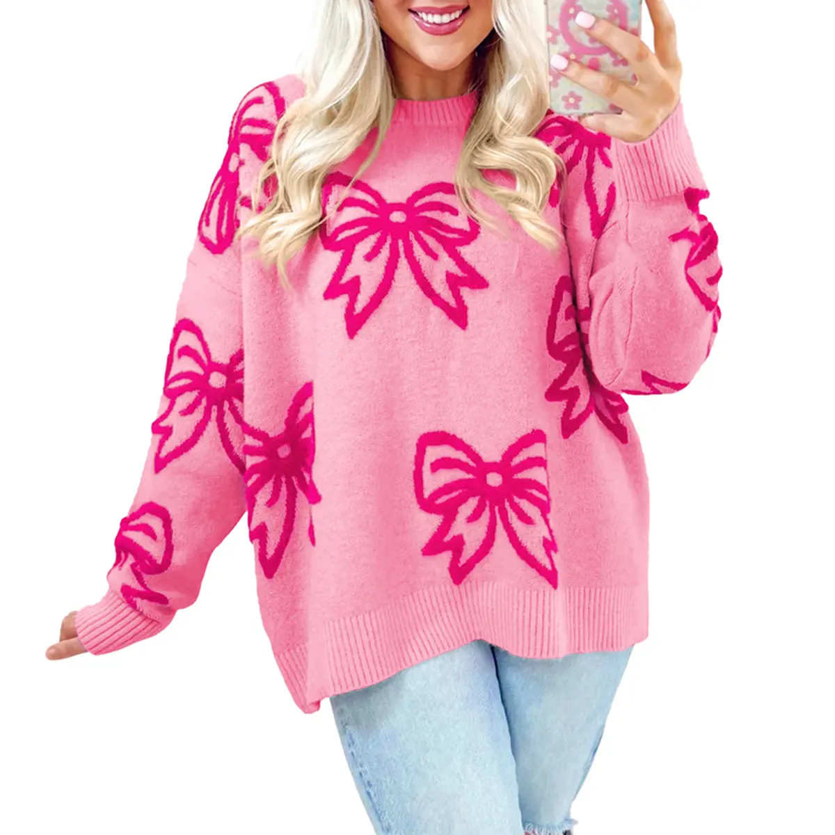 Mntaor Pink Bow Sweater Women Casual, Loose Fit Drop Shoulder Knit Top, Cute Warm Pullover for Fall Winter Spring