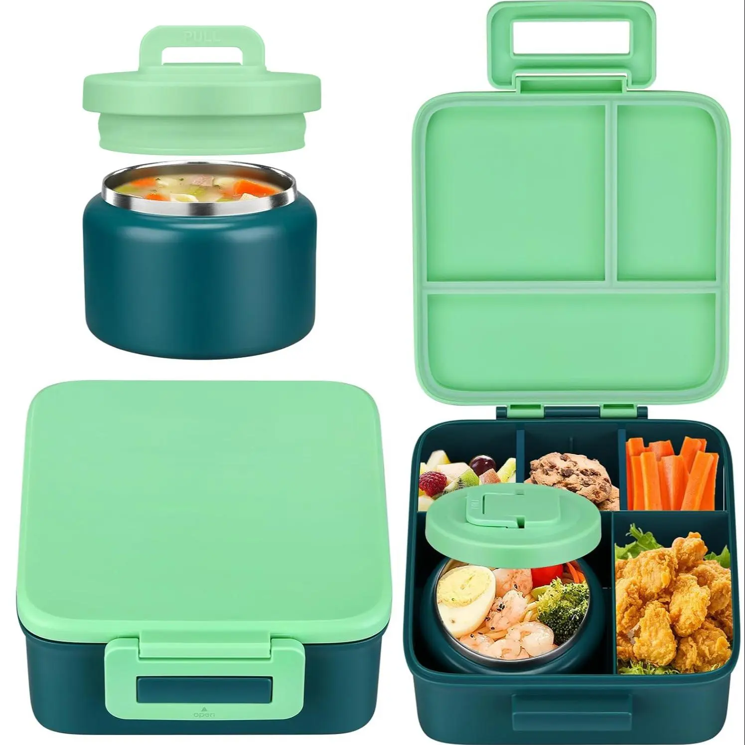 Lunch Box with 8oz Stainless Steel Food Jar, Personal Lunch Box, Large Capacity Bento Lunch Box with 5 Compartments, Portable Leakproof Lunchbox Vegetable Container for School, Travel, Picnic, Dormitory, Durable Bento Box Containers for Food
