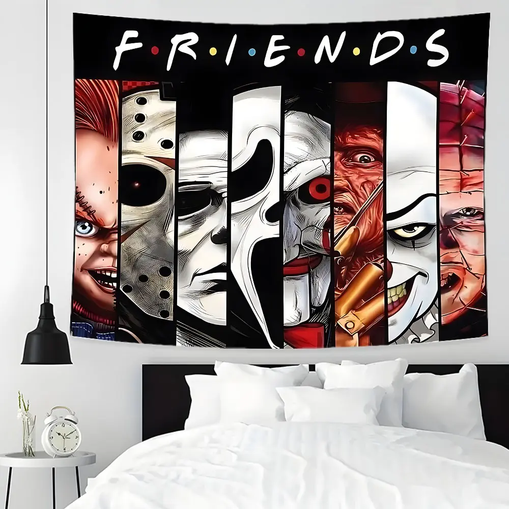 Horror Movie Villains Friends Design Large Tapestry, Decorative Tapestry, Retro Slasher Icons Wall Hanging, Gothic Aesthetic Wall Decor, Multiple Sizes, Easy To Clean Maintain, Home Decor For Living Room Bedroom Dorm Party, Great Gift For Horror Fans
